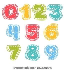 Numbers set in childish wax crayons scribbles style. Bright colorful font for cute kids identity, funny craft package, vibrant poster, etc.