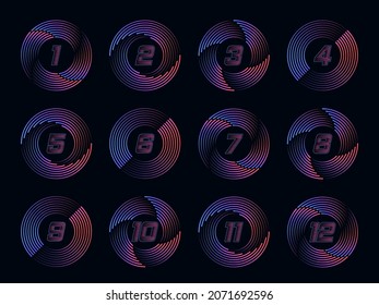 Números puestos en círculo con línea de velocidad. Deporte vectorial colorido y diseño digital. Diseño tipográfico para afiches, logos, portada.