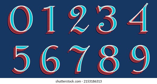 Numbers set in classic three-dimensional sport style. Perfect for creating classical college or sports printing, retro logo design, clothing embroidery, packaging, vintage header, luxury identity