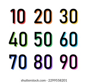 Numbers set colorful bold trendy typography style consisting of 10, 20, 30, 40, 50, 60, 70, 80, 90 for poster, book, sale banner, fabric print, advertising. Modern black font with colored shadow