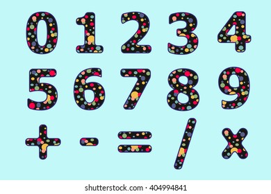 Numbers set of colorful circle. Zero, one, two, three, four, five, six, seven, eight, nine and mathematical signs.