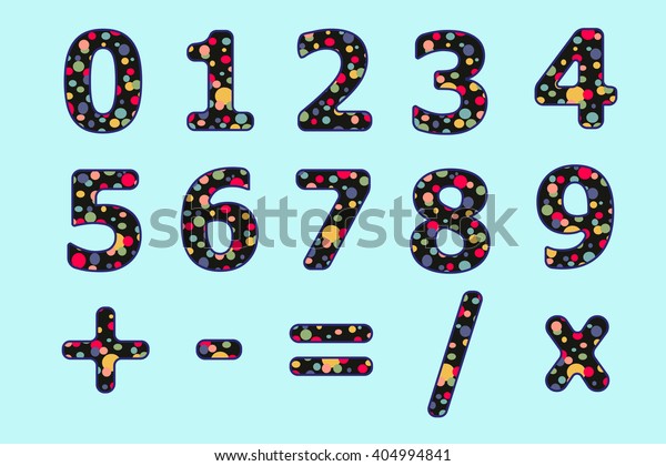 Numbers set of\
colorful circle. Zero, one, two, three, four, five, six, seven,\
eight, nine and mathematical\
signs.