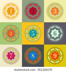 Numbers set. Colorful Frames in Linear Style. Trendy Elegant Retro Style Design. Mandalas Collection. Round Ornament Pattern. Vintage Decorative Elements. Vector Illustration.