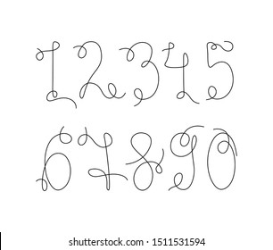 Numbers set continuous line drawing, tattoo, print and logo design, numerical digit, silhouette one single line on a white background, isolated vector illustration. 