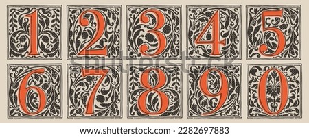 Numbers set drop cap logos in medieval engraving style. Blackletter square initials. Illuminated dark-age emblems with lush foliage and tulips. Perfect for vintage identity, gothic, luxury packaging.