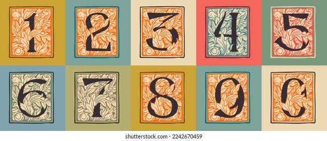Numbers set drop caps in engraved medieval style. Set of dim colored and monochrome square shaped illuminated initials. Perfect for vintage premium identity, Middle Ages posters, luxury packaging. - Shutterstock ID 2242670459