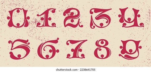 Numbers set drop caps. Illuminated initials in old blackletter German style. All you need to precisely imitate medieval text. Decorative element for the beginning of a paragraph or section.
