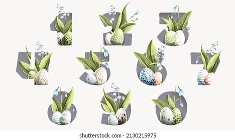 Numbers set with Easter eggs in classic, and natural design, lily of the valley leaves, and snowdrop flowers. Perfect for your greeting cards, and posters design.