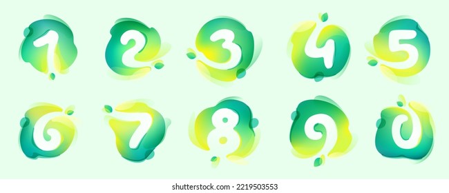 Numbers set in eco gradient splash blots with green leaf. Negative space environment friendly icons. Illusion effect emblem. Perfect for agriculture art, waste recycling logos, healthy food packaging