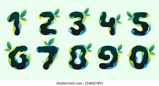 Numbers set eco icons with green leaves in hologram glitch style. Environment friendly illustration with color shift and illusion. Vector element for waste recycling identity, natural theme branding.