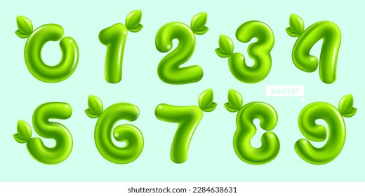 Numbers set. Eco signs with green leaves. 3D realistic and cartoon balloon style. Glossy vector illustration. Perfect for agriculture banners, vibrant adv, waste recycling art, healthy food packaging.