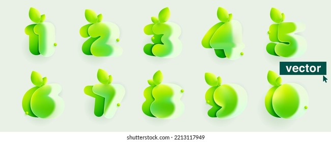 Numbers set ecology icons in realistic Glassmorphism style. Vector blurry translucent logos with green leaves. Frosted transparent emblems for agriculture, waste recycling, healthy food.