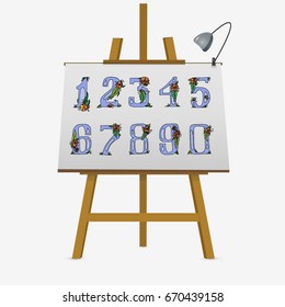 Numbers set with flower elements on easel. Hand drawn vector stock illustration