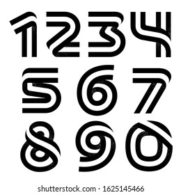 Numbers set formed by two parallel lines with noise texture. Vector black and white typeface for labels, headlines, posters, cards etc.