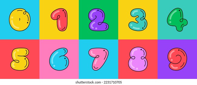 Numbers set. Funny bold childish style font. Overlapping line with multicolor background. Ideal for colorful applications, street art design, bright advertising, toy packaging, multimedia identity.