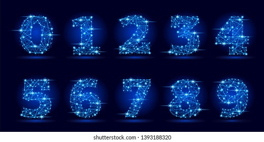 Numbers set from futuristic polygonal lines and stars.