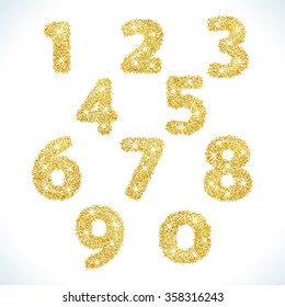 Numbers set in golden style. Vector illustration gold design. Formed by yellow shapes. For party poster, greeting card, banner or invitation. Cute numerical icons and signs.