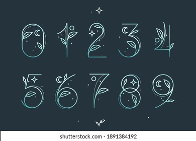 Numbers set with graceful with moon, stars and leaves decoration. It is perfect to use in any vintage branding, romantic packaging, eco posters, astrology blog design, holiday invitations.