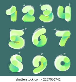 Numbers set with green gradient and leaves in Glassmorphism style. Environment friendly icons made of overlapping parts. Perfect for agriculture art, waste recycling app, healthy food packaging.