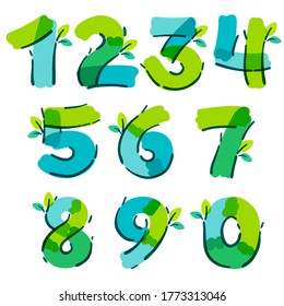 Numbers set with green leaf handwritten with a felt-tip pen. Vector bold marker font can be used for nature logo, summer headlines, bio posters, ecology cards etc.