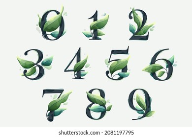 Numbers set with green leaves in clear vector watercolor style. Serif sans font for luxury emblem, botanical identity, ecology projects, wedding invitations.