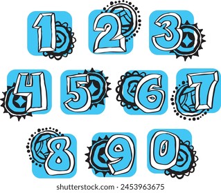Numbers set for greeting cards, birthday or wedding invitation. Hand drawn illustration, cartoon style. 1234567890. Decorative vector element geometric or floral design. svg