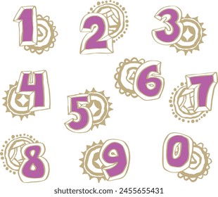 Numbers set for greeting cards, birthday or wedding invitation. Hand drawn illustration, cartoon style. 1234567890. Decorative vector element geometric or floral design.