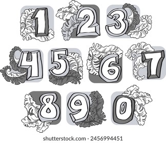 Numbers set for greeting cards, birthday or wedding invitation. Hand drawn illustration, cartoon style. 1234567890. Decorative vector element geometric or floral design.