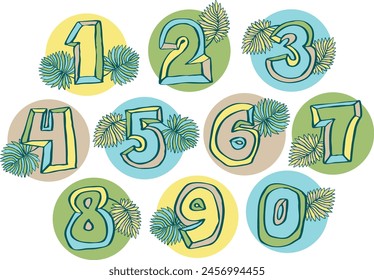 Numbers set for greeting cards, birthday or wedding invitation. Hand drawn illustration, cartoon style. 1234567890. Decorative vector element geometric or floral design.