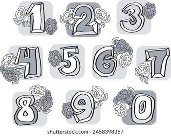 Numbers set for greeting cards, birthday or wedding invitation. Hand drawn illustration, cartoon style. 1234567890. Decorative vector element geometric or floral design.
