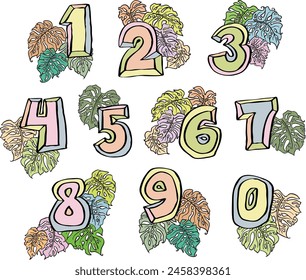 Numbers set for greeting cards, birthday or wedding invitation. Hand drawn illustration, cartoon style. 1234567890. Decorative vector element geometric or floral design.