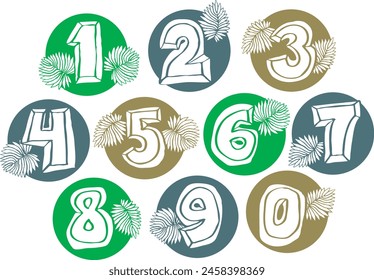 Numbers set for greeting cards, birthday or wedding invitation. Hand drawn illustration, cartoon style. 1234567890. Decorative vector element geometric or floral design.