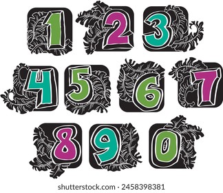 Numbers set for greeting cards, birthday or wedding invitation. Hand drawn illustration, cartoon style. 1234567890. Decorative vector element geometric or floral design.