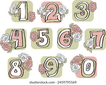 Numbers set for greeting cards, birthday or wedding invitation. Hand drawn illustration, cartoon style. 1234567890. Decorative vector element geometric or floral design.