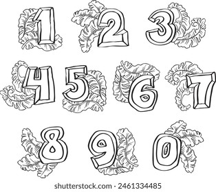 Numbers set for greeting cards, birthday or wedding invitation. Hand drawn illustration, cartoon style. 1234567890. Decorative vector element geometric or floral design.