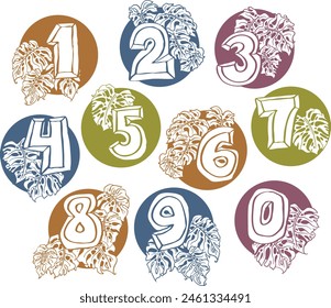 Numbers set for greeting cards, birthday or wedding invitation. Hand drawn illustration, cartoon style. 1234567890. Decorative vector element geometric or floral design.