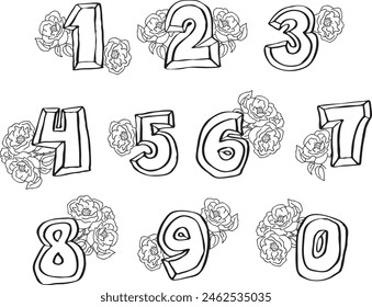 Numbers set for greeting cards, birthday or wedding invitation. Hand drawn illustration, cartoon style. 1234567890. Decorative vector element geometric or floral design.