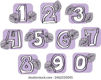 Numbers set for greeting cards, birthday or wedding invitation. Hand drawn illustration, cartoon style. 1234567890. Decorative vector element geometric or floral design.