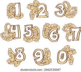 Numbers set for greeting cards, birthday or wedding invitation. Hand drawn illustration, cartoon style. 1234567890. Decorative vector element geometric or floral design.