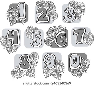 Numbers set for greeting cards, birthday or wedding invitation. Hand drawn illustration, cartoon style. 1234567890. Decorative vector element geometric or floral design.