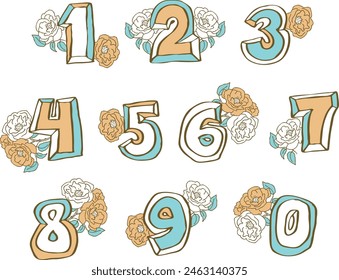 Numbers set for greeting cards, birthday or wedding invitation. Hand drawn illustration, cartoon style. 1234567890. Decorative vector element geometric or floral design.