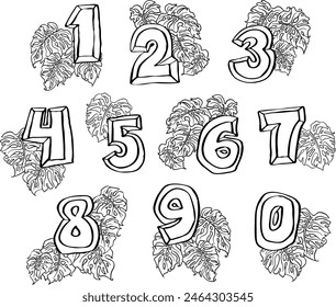 Numbers set for greeting cards, birthday or wedding invitation. Hand drawn illustration, cartoon style. 1234567890. Decorative vector element geometric or floral design.