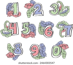 Numbers set for greeting cards, birthday or wedding invitation. Hand drawn illustration, cartoon style. 1234567890. Decorative vector element geometric or floral design.