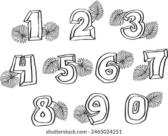 Numbers set for greeting cards, birthday or wedding invitation. Hand drawn illustration, cartoon style. 1234567890. Decorative vector element geometric or floral design.