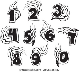 Numbers set for greeting cards, birthday or wedding invitation. Hand drawn illustration, cartoon style. 1234567890. Decorative vector element geometric or floral design.