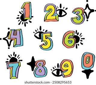 Numbers set for greeting cards, birthday or wedding invitation. Hand drawn illustration, cartoon style. 1234567890. Decorative vector element geometric or floral design.