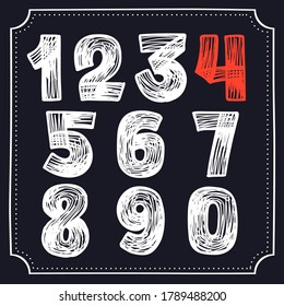 Numbers set hand-drawn by chalk on a blackboard. This font is perfect for a school signboard, advertising of a coffee shop, retro logos, handwritten posters, bar identity, etc.