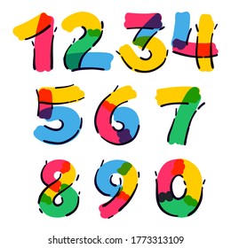 Numbers set handwritten with a multicolor felt-tip pen. Perfect vector logo for kids design, interior print, cute labels, etc.