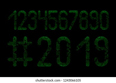 Numbers set. Hashtag 2019 New Year. Microcircuit Green pattern, black background