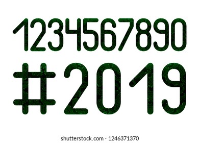 Numbers set. Hashtag 2019 New Year. Microcircuit Green pattern, white background